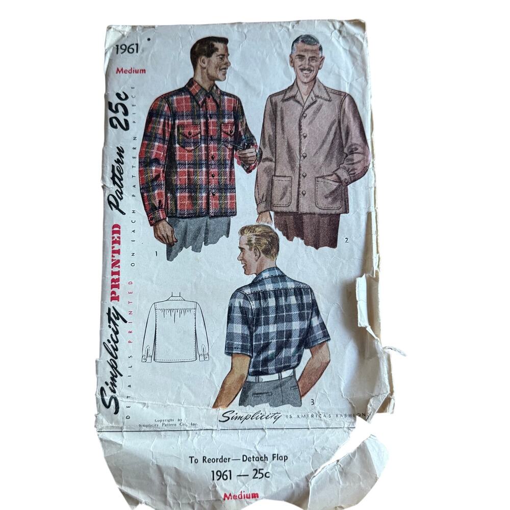 Vintage 1950s Simplicity Sewing Pattern 1961 Mens Shirt Size Medium Chest 38-40